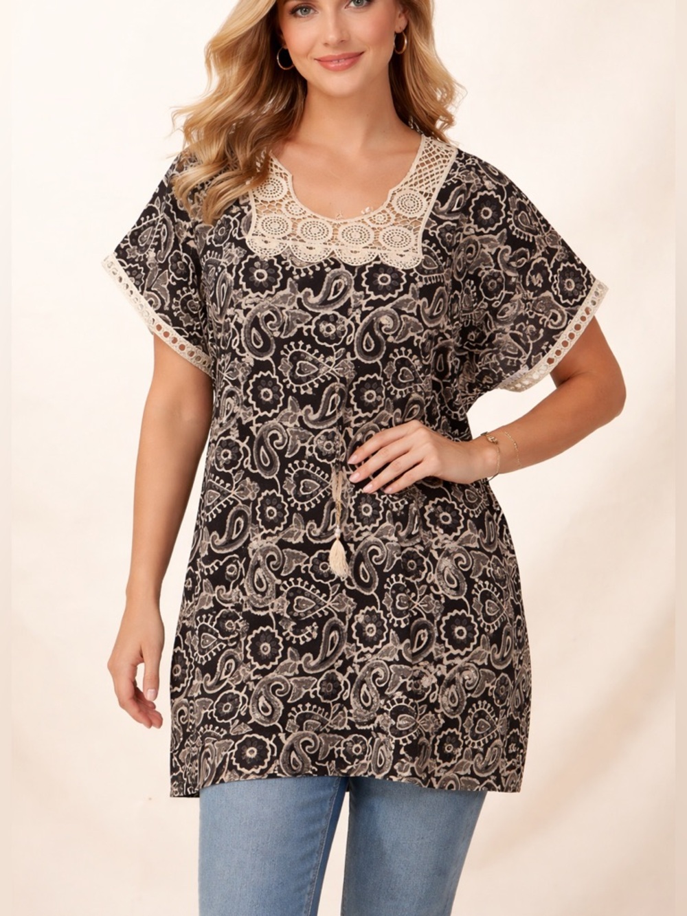 Black Hand Block Print Kaftan Blouse Crochet Lace Drawstring Cotton Boho Tunic
